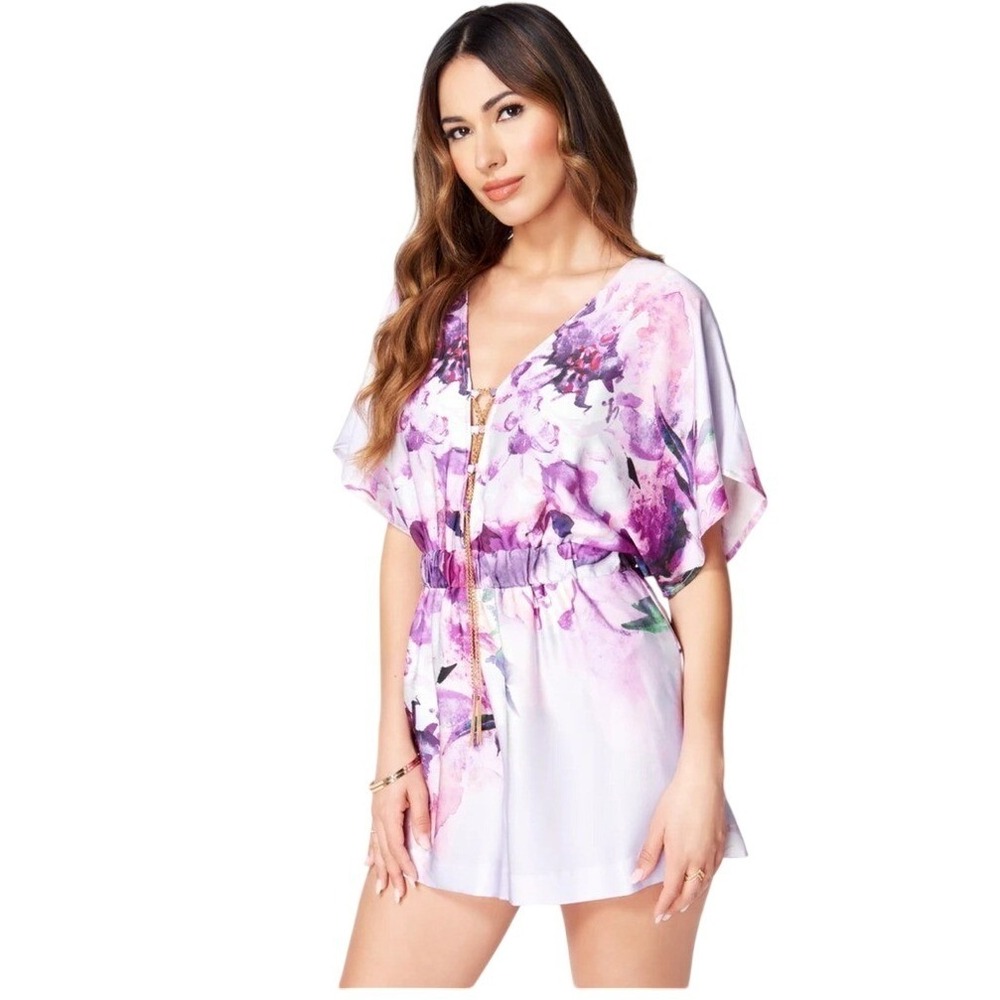 Bebe Dolman Sleeve Front Criss Cross Flared‎ Satin Romper Purple Floral Large